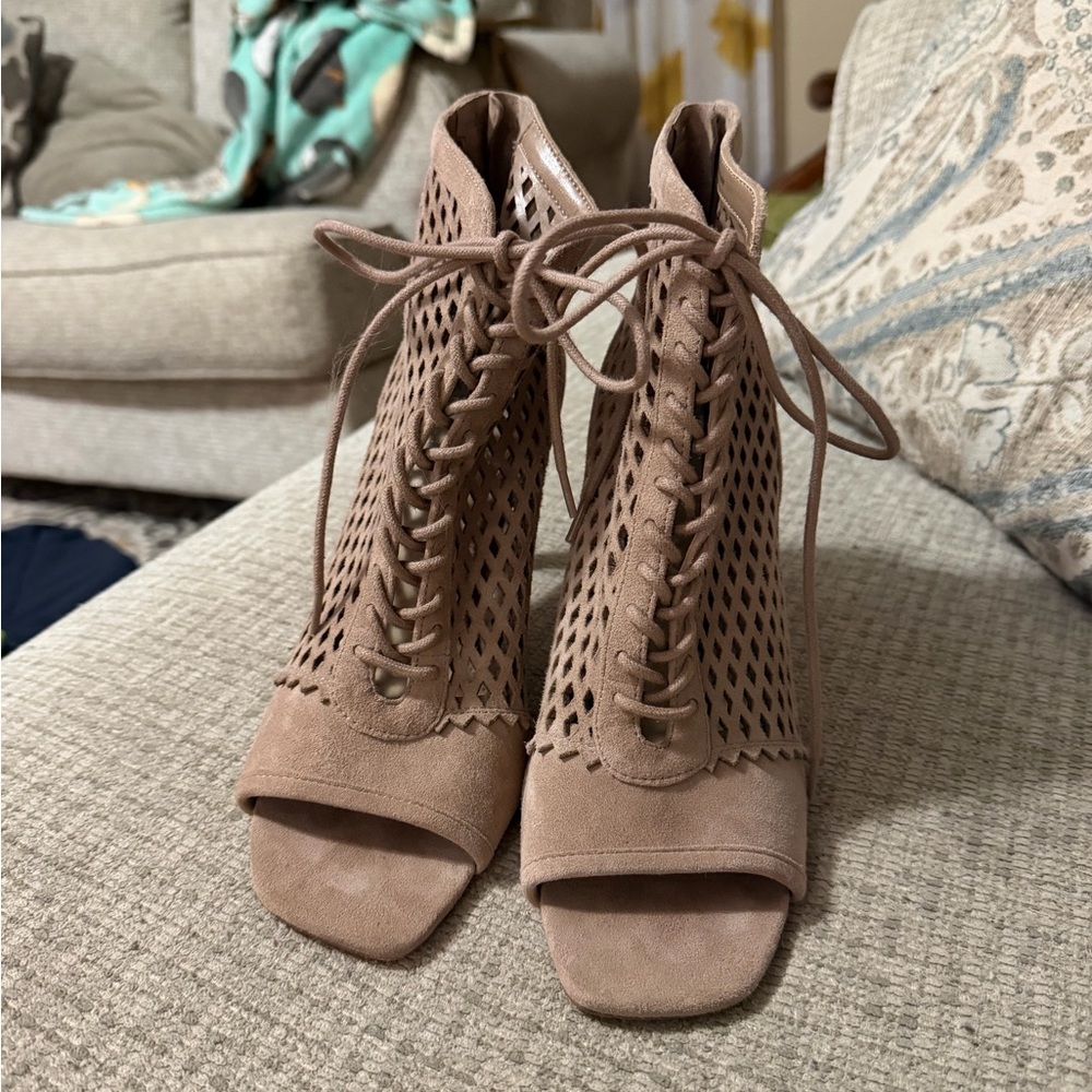 Vince Camuto Taupe Suede Lace-Up Cutout Peep-Toe Ankle Boots